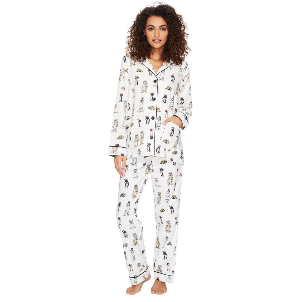 PJ Salvage Women Small Dog Print Flannel Pajama Set Cream‎ Button Front Long